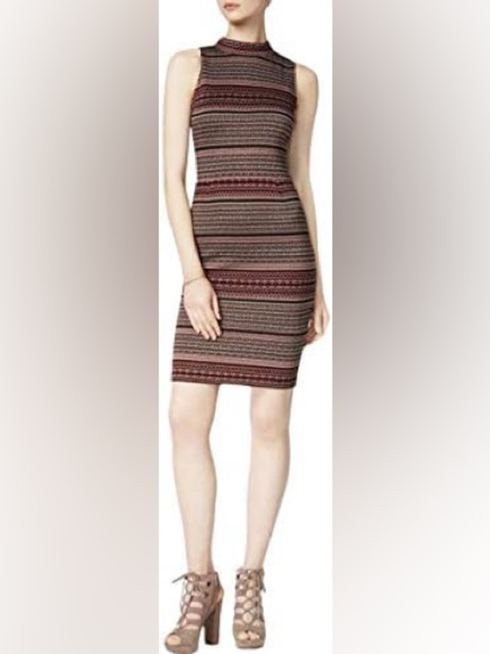 Bar III Sleeveless Mock Neck Striped Midi Dress in Black and Burgundy